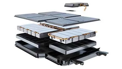 Exploded diagram of an electric vehicle battery pack, vertically separated into base tray, battery modules, and top cover.