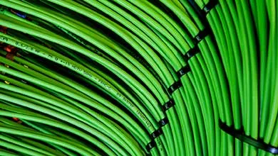 Close-up of bright green cables, bundled and secured with black zip ties, curving in an arc.
