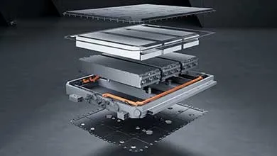 Exploded diagram of a flat electric vehicle battery, revealing layered components: outer casing, battery modules, and orange wiring.