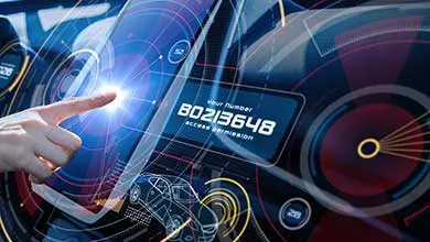 A finger touches a glowing, holographic car dashboard showing digital graphics and an access code.