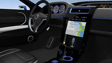 Modern car interior with a large central touchscreen showing a navigation map and voice control, surrounded by blue ambient lighting. The dashboard features a steering wheel with integrated controls, analog-style gauges, and black leather seats with silver trim.