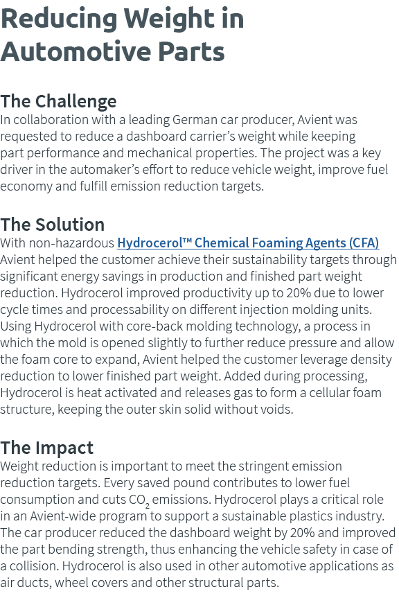 Reducing Weight in Automotive Parts  The Challenge In collaboration with a leading German car producer, Avient was re   